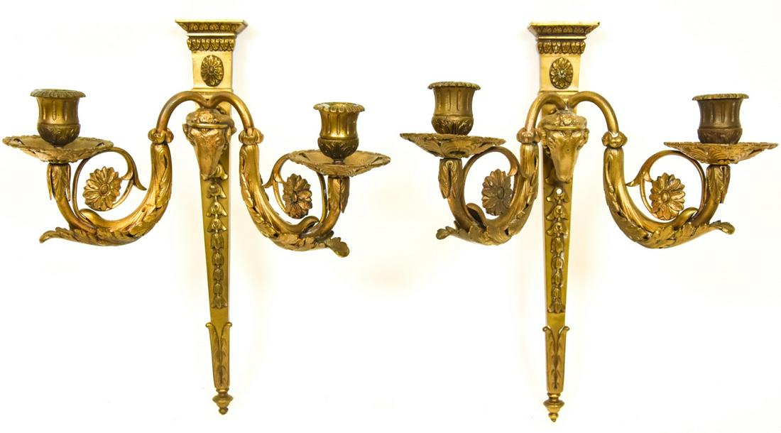 Pair Brass Neo Classical Wall Sconces: Pair Brass Neo Classical Wall Candle Sconces. 16 inches x 13 inches x 7 inches