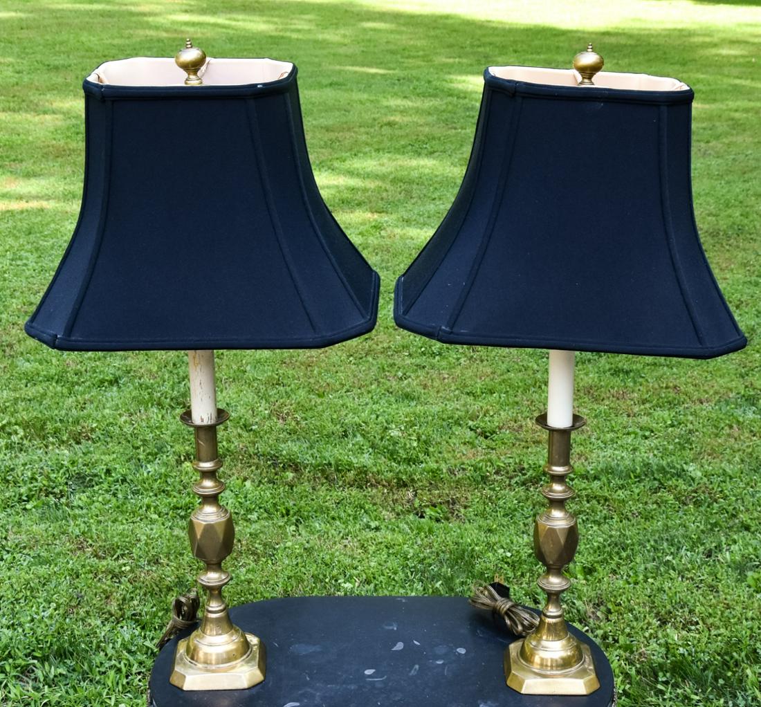 Pair Vintage Brass Candlestick Table Lamps: Pair Vintage Brass Candlestick Table Lamps with Shades. 31 inches x 5 inches in diameter.