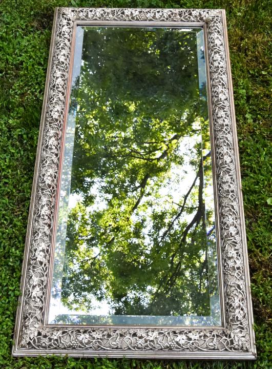 Neo Classical Carved Full Length Wall Mirror: Neo Classical Carved Full Length Silver Gilt Wall Mirror. 46 inches x 22 inches