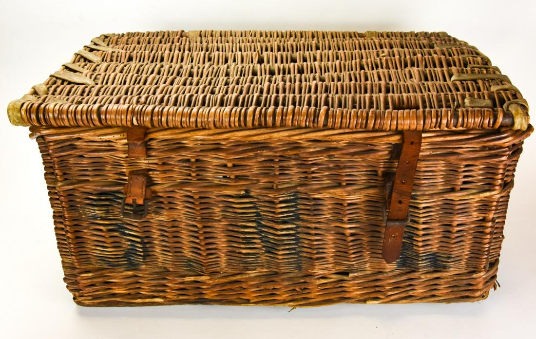 Vintage French Industrial Portslade Wicker Basket: Vintage French Industrial Portslade, England Logo Wicker and Rawhide and Wood Framed Basket. Spray painted Portslade name on side of basket. 14 inches x 27 inches x 19 inches