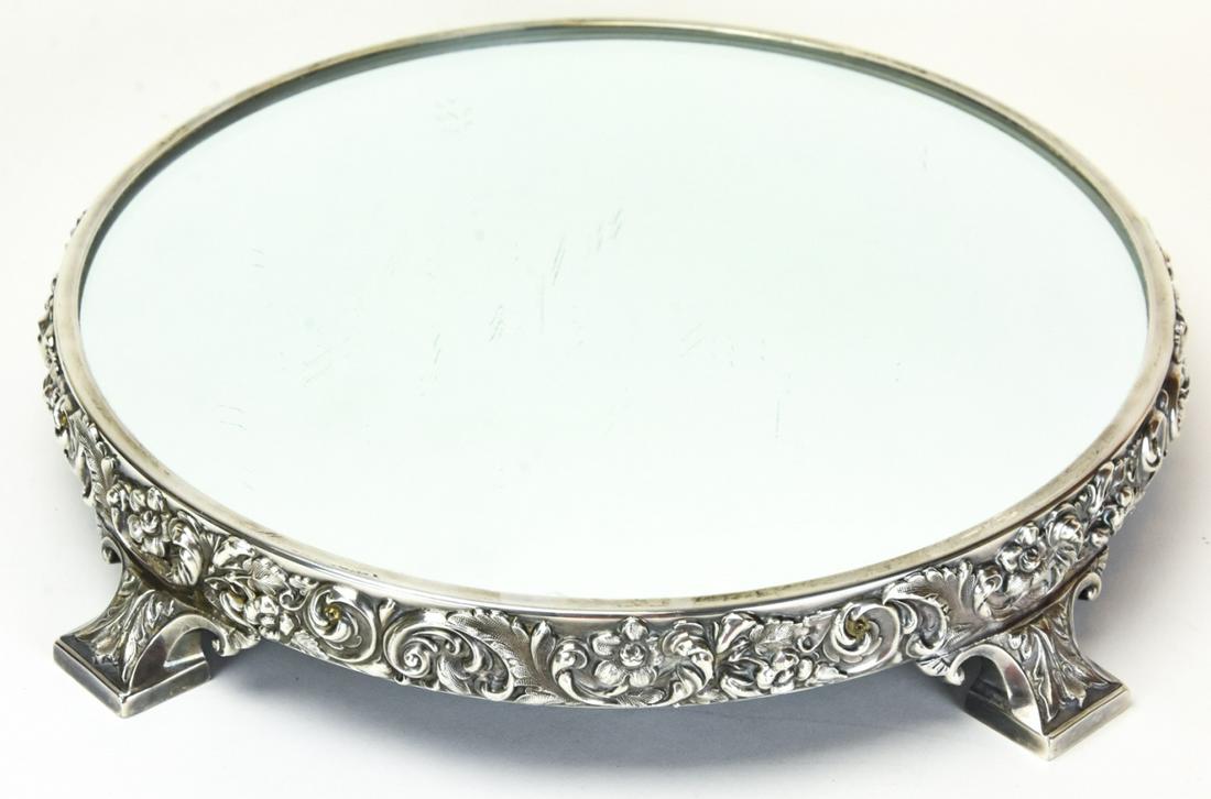 Reed & Barton Silver Plate Mirrored Plateau: Reed & Barton Silver Plate Mirrored Footed Plateau with Wood Base. 2.5 inches x 12 inches in diameter.