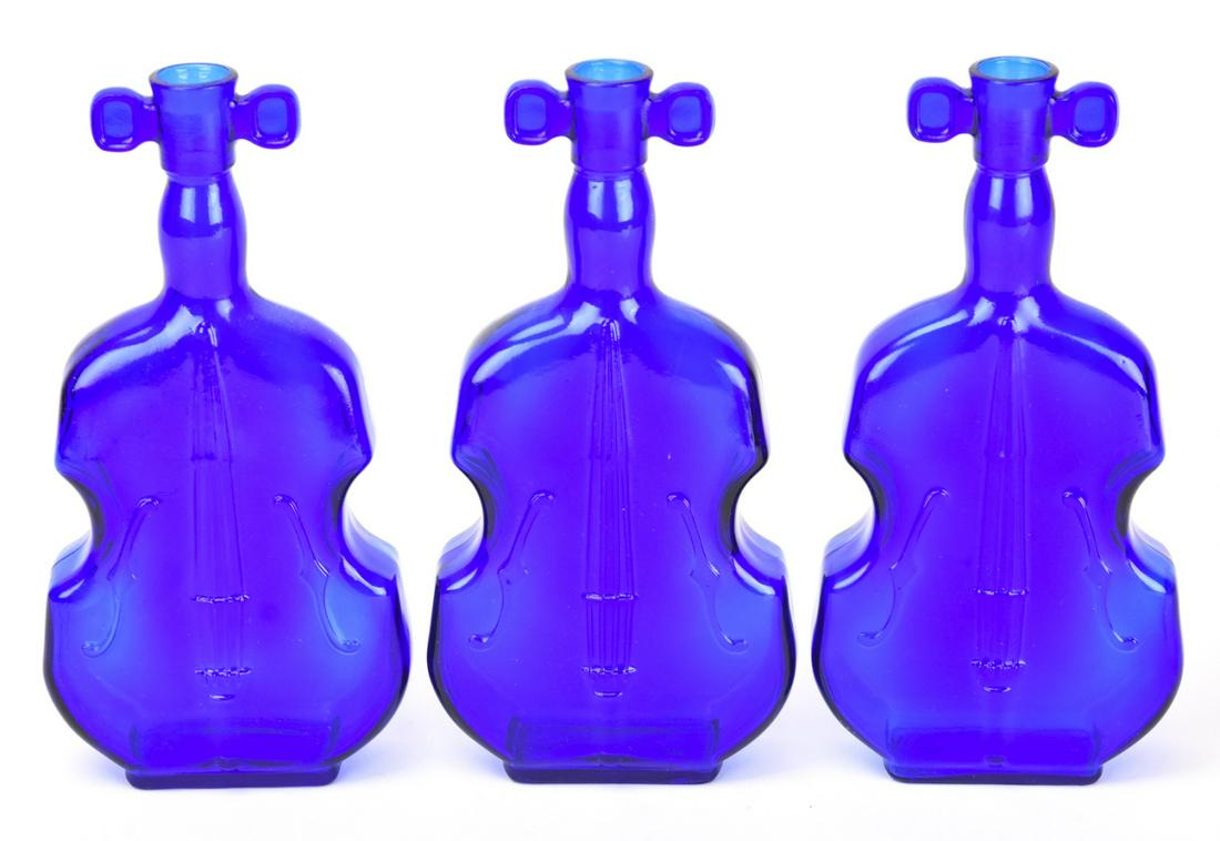 3 Wheaton Glass Cobalt Blue Violin Shaped Bottles: 3 Wheaton Glass Attributed Cobalt Blue Violin Shaped Bottles. 8.5 inches x 4 inches