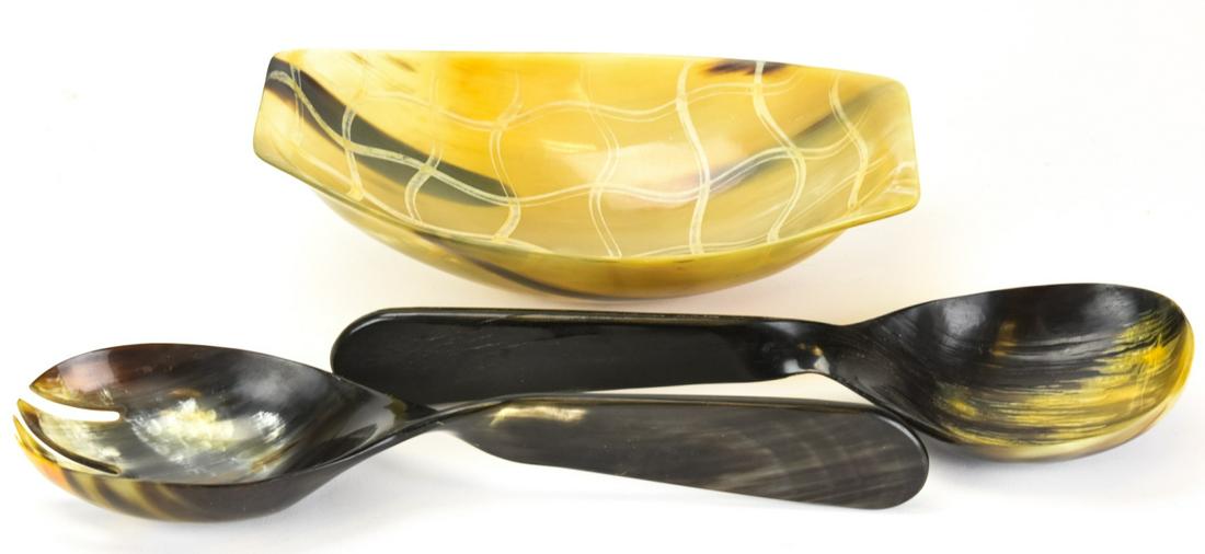 3 Pieces Hand Carved Horn Serving Set and Bowl: 3 Pieces Hand Carved Horn Serving Set and Bowl. Utensils measure 11 inches x 4 inches