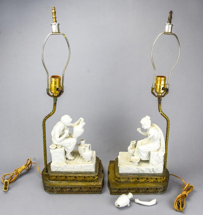 Pair Blanc De Chine Jasperware Neo Classical Lamps: Pair Antique Blanc De Chine Jasper Ware Neo Classical Figural Reticulated Brass Mount Lamps. Male and Female Porcelain figures making porcelain pots. The female figure has an arm that needs repair, pi