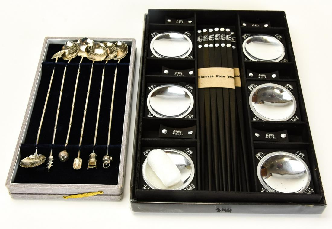 Sterling Silver Iced Tea Spoons Thailand: Sterling Silver Iced Tea Spoons and Silver Plate Chop Stick Set from Thailand. Spoons are 8 inches long.