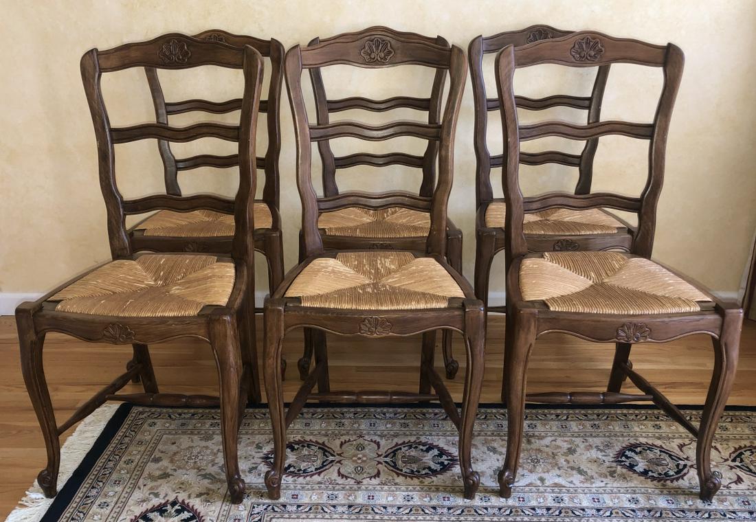 French Country Rush Seat Pine Ladder Back Chairs: French Country Carved Rush Seat Pine Ladder Back Chairs with Serpentine Aprons and Backs. 38 inches x 18 inches x 19 inches