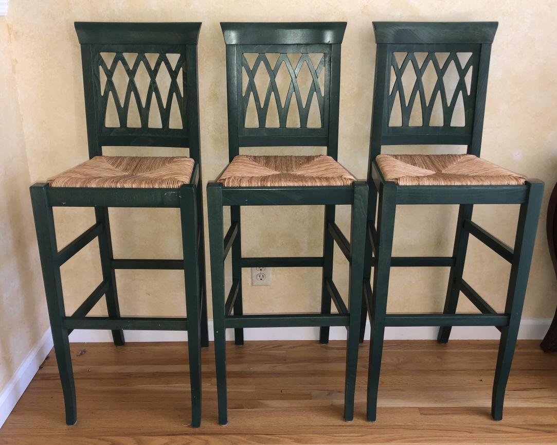 French Country Lattice Back Rush Seated Barstools: Three French Country Lattice Back Rush Seated Bar Stools or Counter Stools. Painted Forest Green. 46 inches x 17 inches x 15 inches and 30 inches from floor to seat.