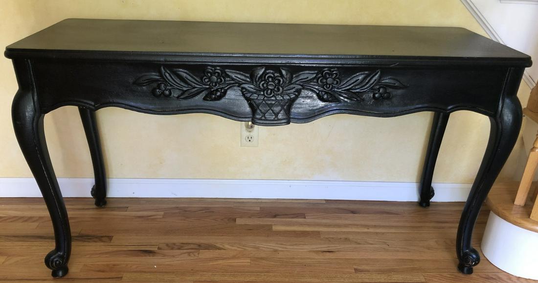 French Country Carved Pine Console or Sofa Table: French Country Carved Pine Console or Sofa Table. Carved Fruit Basket Motif.