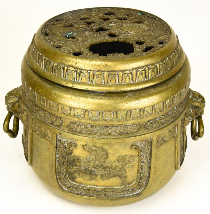 Signed Chinese Bronze Incense Burner w Dragons: Signed Chinese Bronze Incense Burner w Dragons. Bottom is signed with nine character mark. Lid is removable. Measures 9 x 12 x 9.5 inches.