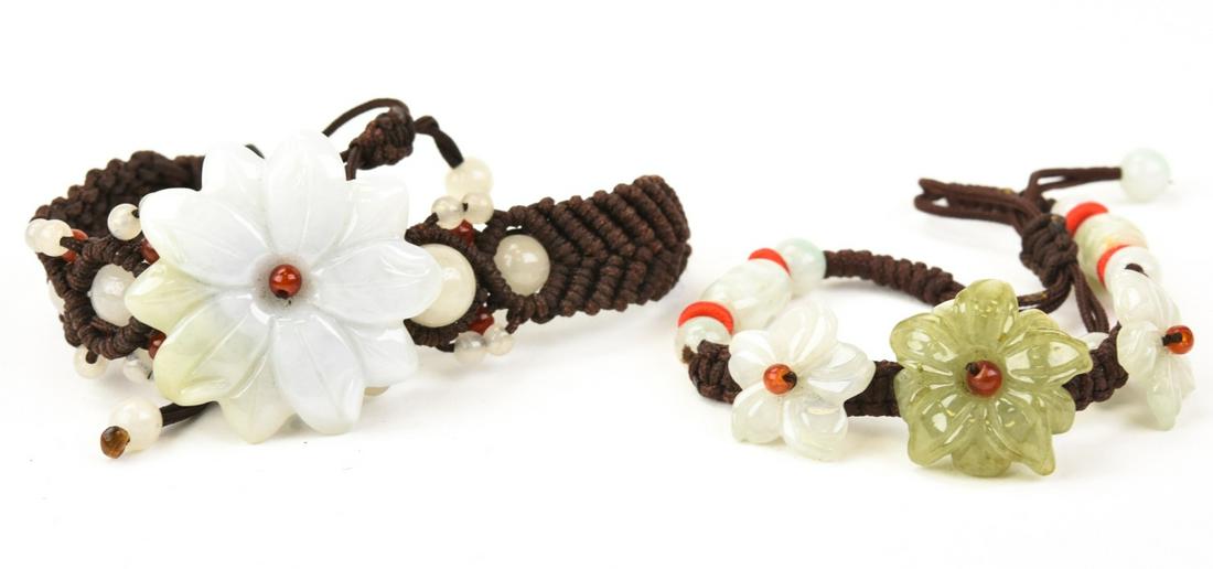 Two Handmade Bracelets w Carved Chinese Jade: Two Handmade Bracelets w Carved Chinese Jade Flowers & Beads. Each adjustable in size.