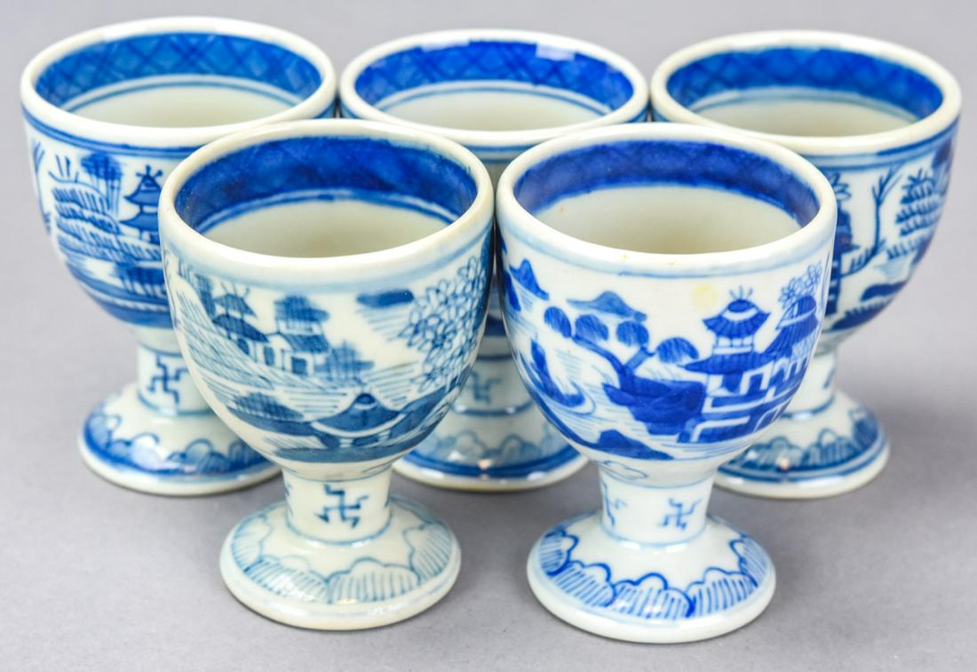5 Chinese Canton Blue & White Porcelain Egg Cups: Five Chinese Canton Blue & White Porcelain Egg Cups. Each measures 3 inches in height.