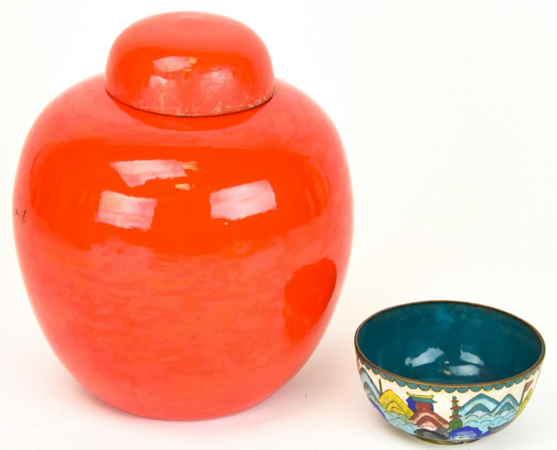 Chinese Ginger Jar & Cloisonne Bowl: Chinese Ginger Jar & Cloisonne Bowl. Ginger jar measures 9 inches in height.