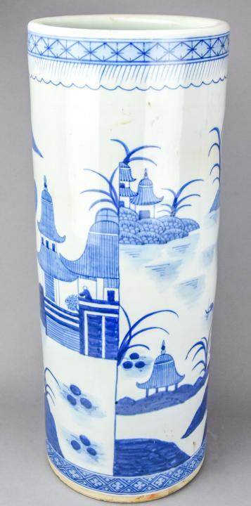 Chinese Hand Painted Canton Porcelain Umbrella: Chinese Hand Painted Canton Porcelain Umbrella Holder. Blue and white hand painted Canton pattern. Measures 23.5 inches in height.