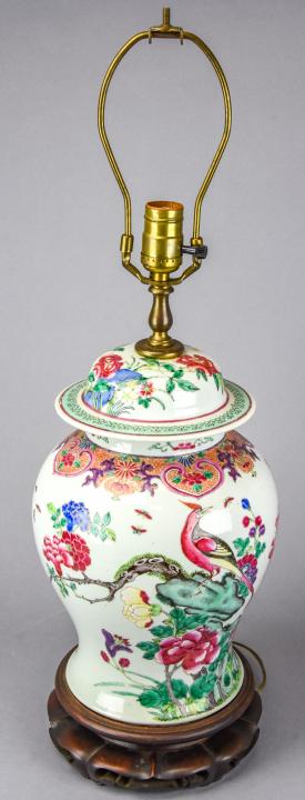 Chinese Hand Painted Porcelain Ginger Jar Lamp: Chinese Hand Painted Porcelain Ginger Jar Lamp. Ginger jar mounted as a table lamp with phoenix design. Measures 26 inches in height.