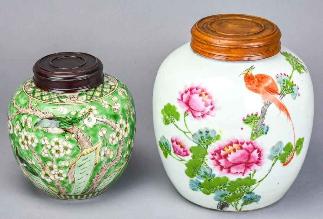 Two Antique Chinese Porcelain Ginger Jars: Two Antique Chinese Hand Painted Porcelain Ginger Jars with Carved Lids. Both signed on bottom and larger has calligraphy inscription on back. Larger measures 9 inches in heights