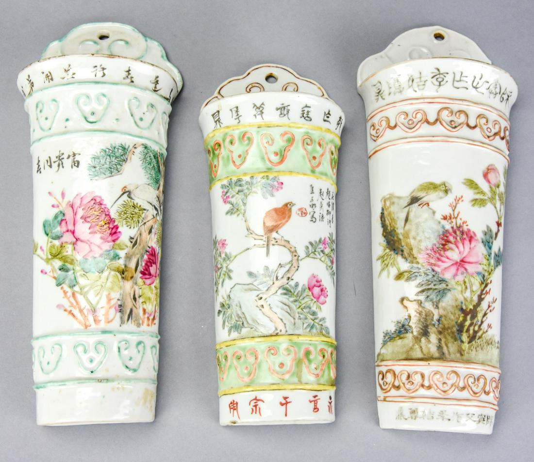 3 Antique Chinese Porcelain Painted Wall Vases: 3 Antique Chinese Porcelain Hand Painted Wall Vases or Wall Pockets. Each is hand painted and signed with scenes of birds and flowers. Largest is 10.75 inches in length