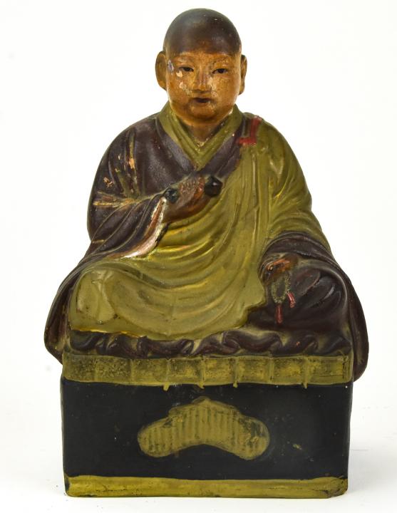 Antique Cast and Painted Terra Cotta Statue Monk: Antique Cast and Painted Terra Cotta Statue of Monk. 7.5 inches tall.
