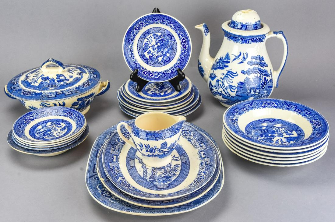 Collection Antique Willow Ware Porcelain Service: Collection Antique Willow Ware Porcelain Service Pieces. Pieces are from various manufacturers and come in a variety of sizes. Some pieces have some chipping. Includes 3 platters, covered vegetable di