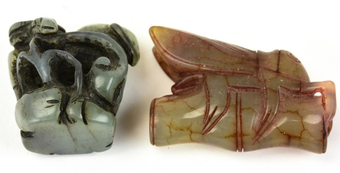 Two Chinese Carved Jade Insect & Ram Pendants: Two Chinese Carved Jade Insect & Ram Pendants. Longer measures 2.5 inches in length.