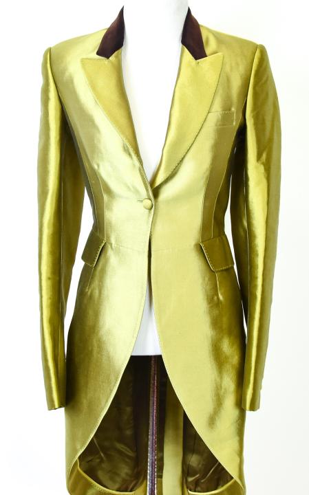 Maggie Norris Couture Handmade Silk Morning Coat: Maggie Norris Couture Handmade Silk Blend Morning Coat w Velvet Collar. Measures 25 inches shoulder to wrist, measures 15 inches shoulder to shoulder. Original retail price of $1,900.