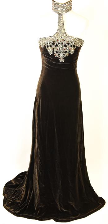 Maggie Norris Couture Velvet Beaded Bust Ball Gown: Maggie Norris Couture Velvet Beaded Bust Ball Gown . Hand made, stitched and styled. Brown velvet with heavy beading on bust, back and neck that includes rhinestones. Approximately 75 inches long and