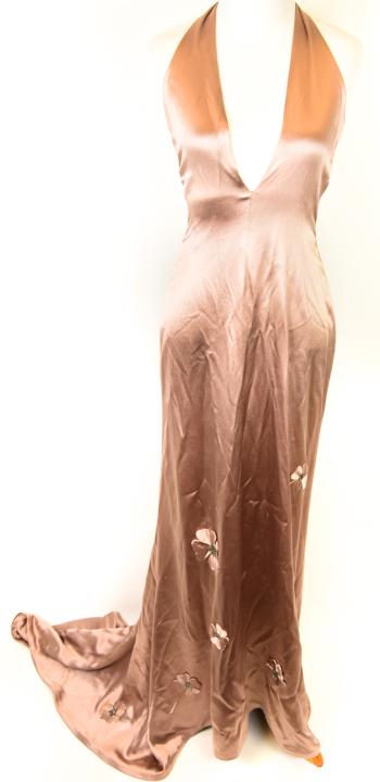 Maggie Norris Couture Silk Tufted Halter Gown: Maggie Norris Couture Silk with Tufted Detail Halter Gown . Hand made, stitched and styled. Rose silk hand painted tufted with dog wood flowers with rhinestone centers. Approximately 58 inches long an