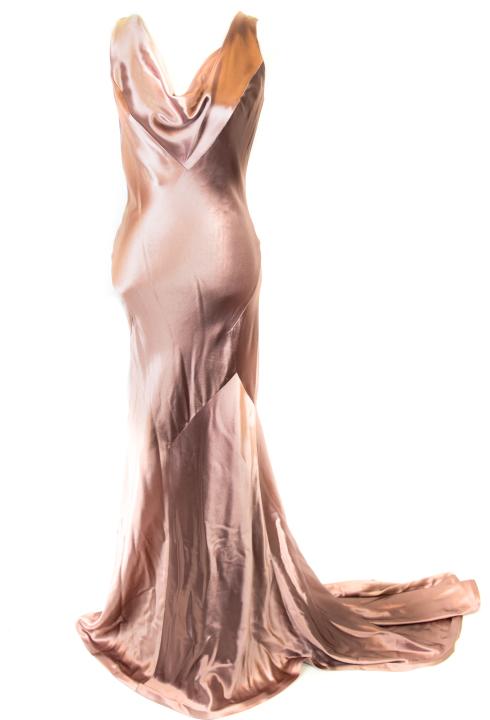 Maggie Norris Couture Rose Silk Draped Gown: Maggie Norris Couture Rose Silk Draped Gown . Hand made, stitched and styled. Rose silk and draped front. Approximately 67 inches long and 28 inch waist.