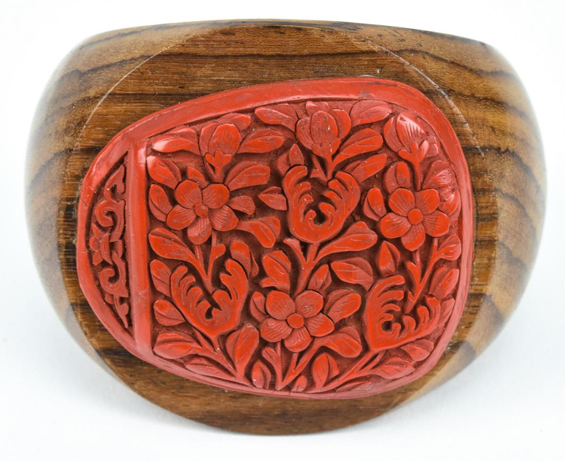 Carved Wood Cuff Bracelet w Chinese Cinnabar (1 of 7)