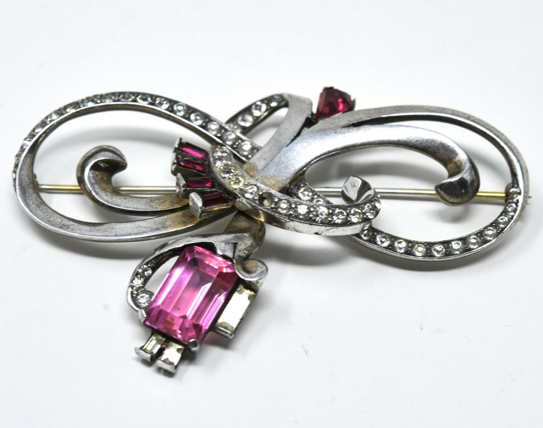 C 1945 Mazer Sterling & Ruby Paste Ribbon Brooch (1 of 6)