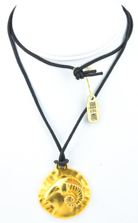Gilt Metal Robert Lee Morris Aries Zodiac Necklace: Gilt Metal Robert Lee Morris Aries Zodiac Necklace. With original tag. Pendant measures 1.75 inches in length.