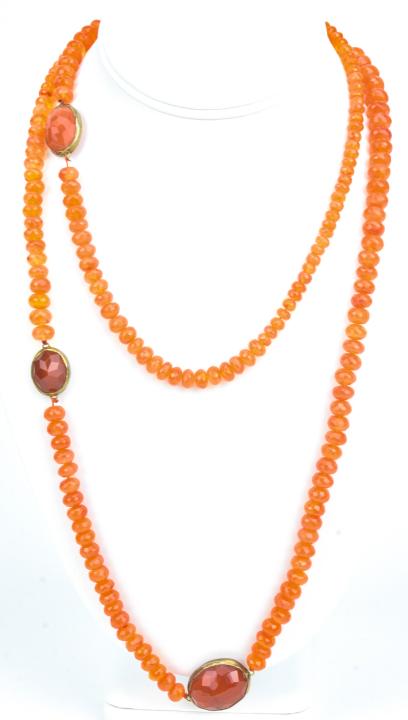 Vermeil Sterling Silver & Carnelian Necklace: Vermeil Sterling Silver & Carnelian Necklace. Measures 44 inches in length.