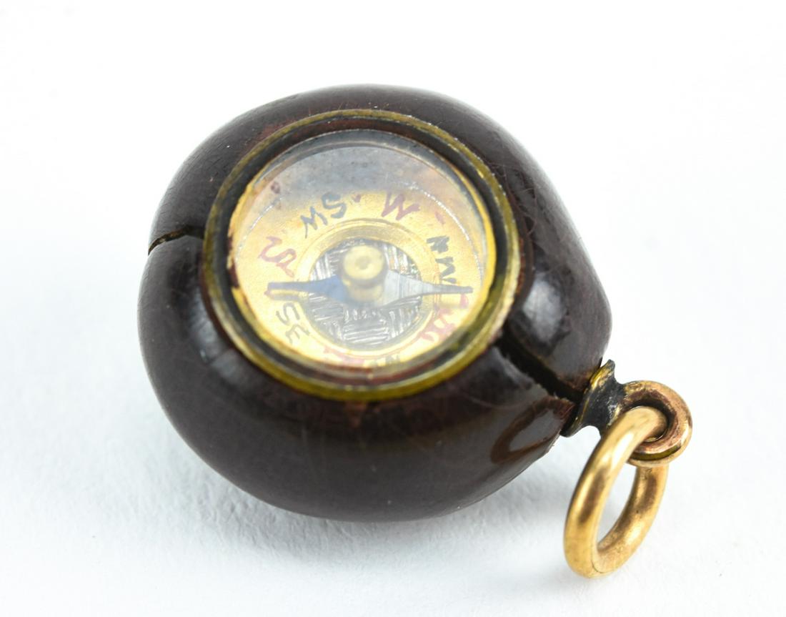 Antique 19th C Fob w Compass in Sea Bean (1 of 6)
