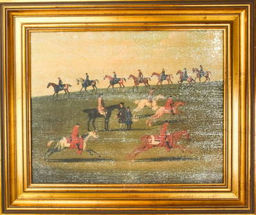 James Seymour Oil Painting, Race Horses Exercising: After James Seymour 1702-1752 "Race Horses Exercising in a Landscape". Oil on board, After James Seymour (British, b.1702, d.1752). No visible signature. Flaking and paint loss. In gilded wood frame.