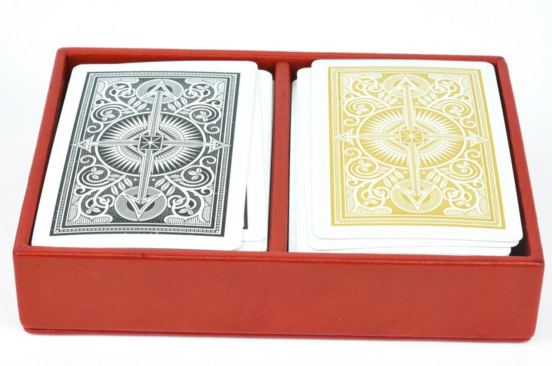 Fabriano Playing Cards in Genuine Leather Box: Fabriano Playing Cards in Genuine Leather Box. Measures 4.25 inches x 6 inches.