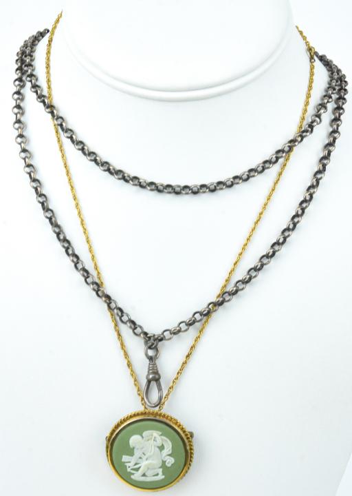 Antique Watch Chain & Vintage Wedgwood Pendant: Antique Watch Chain & Vintage Wedgwood Pendant or Brooch on Vermeil Sterling Silver Chain. Rolo watch chain measures 32 inches in length.