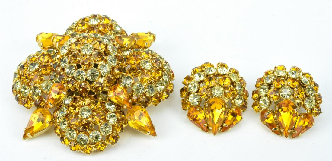 Warner 2 Tone Yellow Rhinestone Brooch & Earrings (1 of 6)