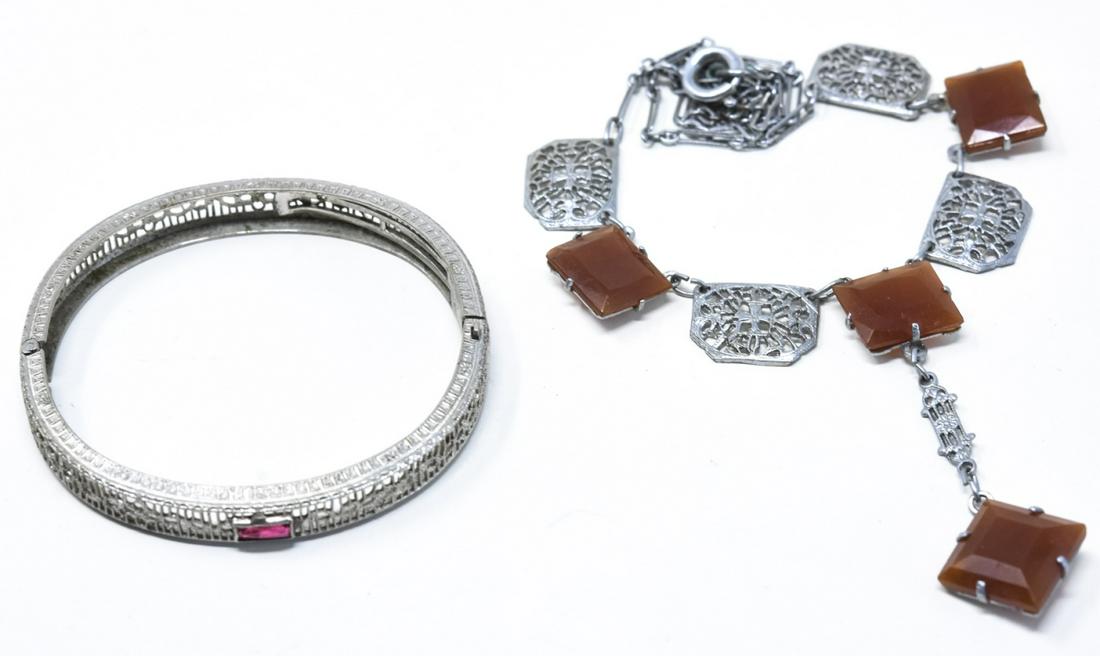 Art Deco Festoon Carnelian Necklace, Bracelet: Art Deco Filligree Festoon Necklace with Carnelian Stones & Children's Hinged Filligree Bracelet with Red Stone. Necklace measires 15 inches