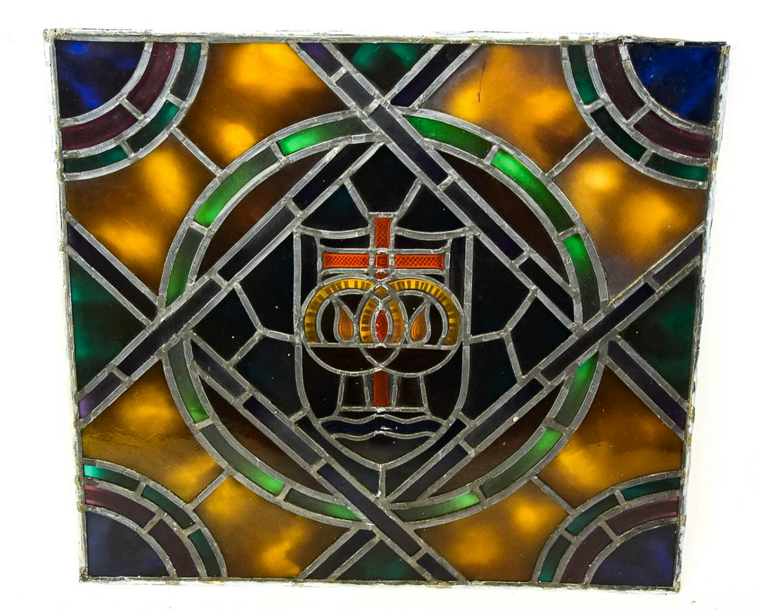 Antique C 1920s Stained Glass Window w Cross (1 of 3)