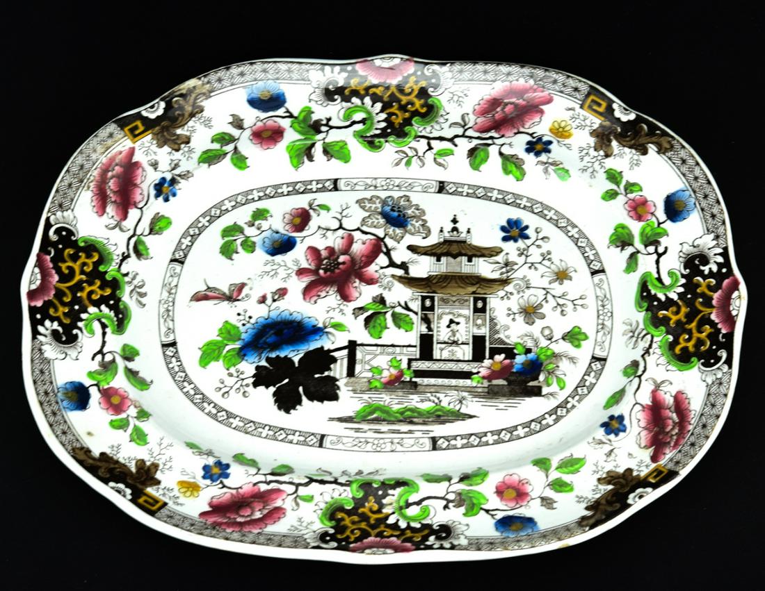 Antique English Ironstone Chinoiserie Platter: Antique English Ironstone Chinoiserie Platter. Marked INDIANA on the back. Measures 8.75 x 10.75 inches.
