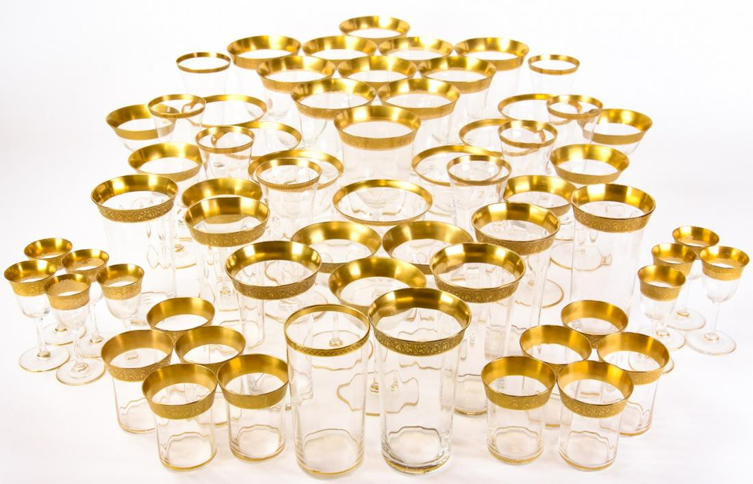 Collection Bavarian Gold Leaf Rimmed Glassware: Collection Bavarian Gold Leaf Rimmed Glassware. Includes 11 red wine glasses, 9 white wine glasses, 7 champagne glasses, 8 water glasses, 10 juice glasses, 8 aperitif glasses, and 9 cordial glasses. R