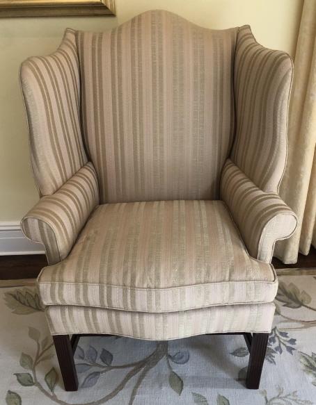 Hickory Chair Upholstered Wingback Armchair: Hickory Chair Upholstered Wingback Armchair. Measures 46 inches x 34 inches x 24 inches.