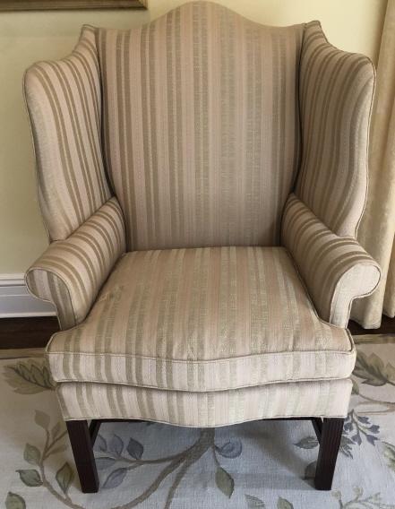 Hickory Chair Upholstered Wingback Armchair: Hickory Chair Upholstered Wingback Armchair. Measures 46 inches x 34 inches x 24 inches.