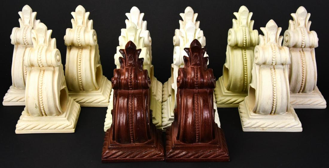 12 Matching Carved Cornice Curtain Rod Holders: 12 Matching Carved Cornice Form Neo Classical Style Curtain Rod Holders. Measures 8.5 inches x 4.5 inches x 3.25 inches.