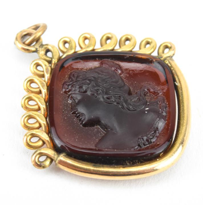 Antique 19th C Gold & Cameo Glass Pendant: Antique 19th C Gold & Cameo Glass Necklace Pendant or Fob. Gold filled frame. Measures 1.5 inches in length.