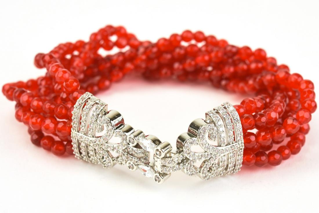 Multi Strand Red Jade Bead Bracelet w Pave Clasp (1 of 7)