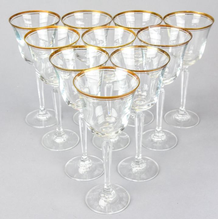 Set Mid C Gold Rimmed Heavy Glass Long Stem Wine: Set of 10 Mid C Gold Rimmed Heavy Glass Long Stem Wine Glasses. 8.5 inches x 4 inches in diameter.