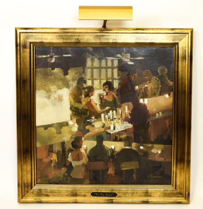 Framed Oil Painting of Mid Century Bar Scene: Framed Oil Painting of Mid Century Bar Scene Titled "One the Rocks". Signed by the artist. Includes attached picture light and plaque with picture title. 30 inches x 30 inches