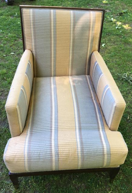 Lucien Rollin Deco Style Arm Chair: Lucien Rollin Deco Style Arm Chair. Deco style arm chair by Lucien Rollin with custom striped fabric upholstery. Measures 37 inches x 26 inches x 38 inches.