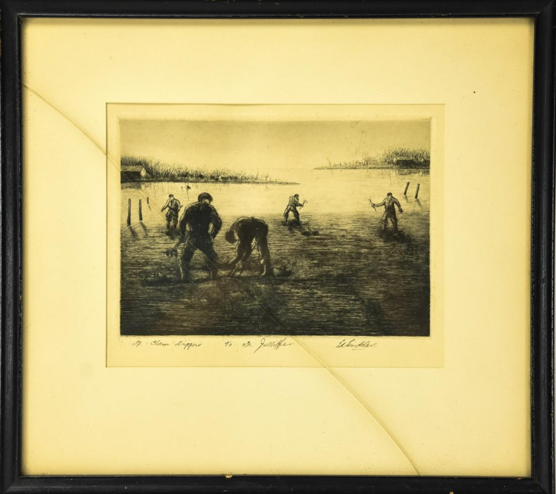 Antique Clam Diggers Signed Etching (1 of 5)
