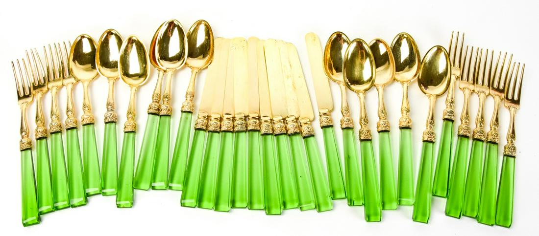 Vermeil Sterling Silver & Art Glass Flatware: Vermeil Sterling Silver & Art Glass Flatware Service. Features decorative shell motif. Includes 10 knives, 10 forks, and 11 spoons. Stamped "P.B. & C". Pieces measures approximately 8 inches long.